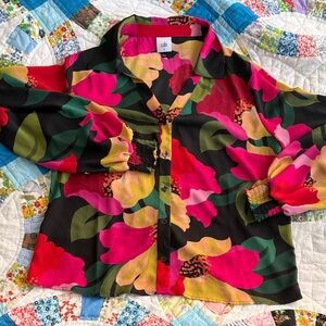 CAbi Floral Button-Up Blouse in Black, Hot Pink & Green